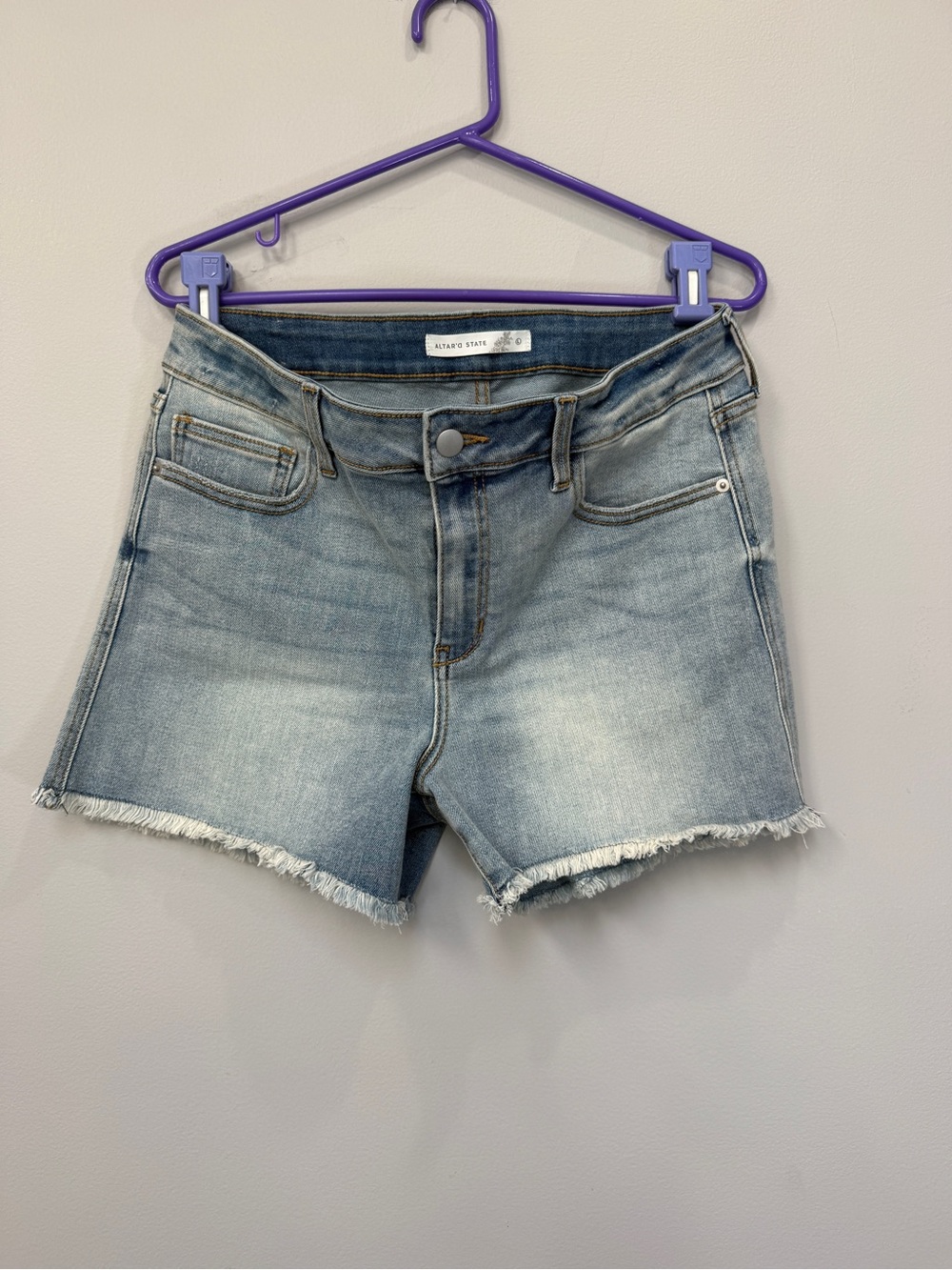 Altar'd State Light Blue Distressed Hem Denim Shorts
